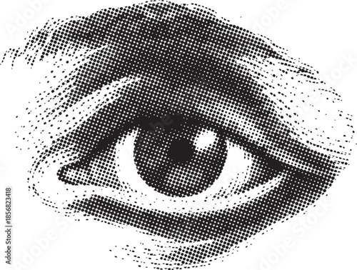 Detailed close up illustration of a human eye rendered in black and white engraving style showing the iris pupil
