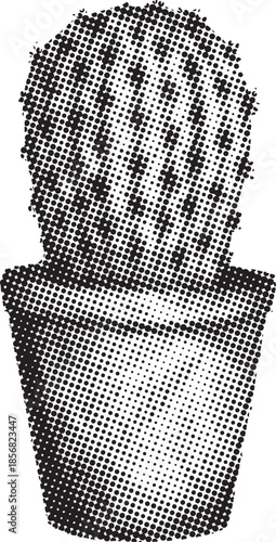 Vintage halftone illustration depicts a small spiky potted cactus plant rendered in distinct black and white dot pattern style.