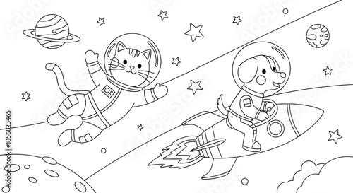 Fun space exploration coloring page for kids showing a cat astronaut and a dog in a rocket ship among stars.