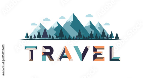 Artistic travel poster featuring a geometric mountain range in blue tones with dark green pine trees and bold stylized travel lettering at the bottom.