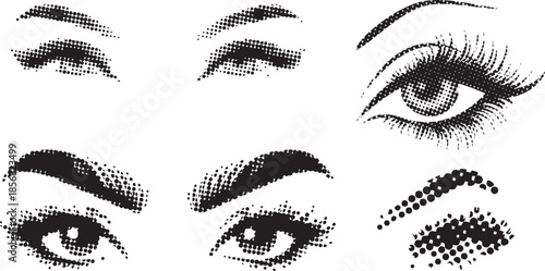 Collection of vintage style black and white illustrated female eyes and eyebrows showing various makeup applications