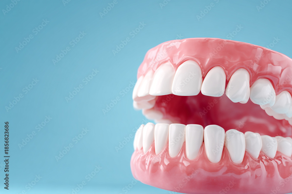 Fototapeta premium Realistic human teeth and gums model on a blue background