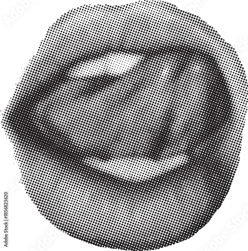 Abstract close up of a grainy black and white halftone illustration depicting a stylized, open human eye with pronounced upper and lower lids suggesting a focused or intense gaze in a circular frame f
