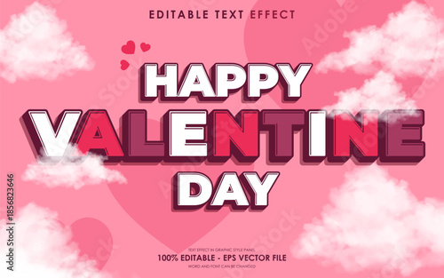 Happy Valentines Day text effect with hearts and clouds on a pink background.