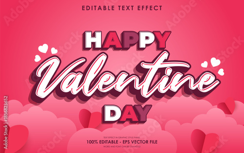 Happy Valentine Day Text Effect with Clouds and Hearts on Pink Background.