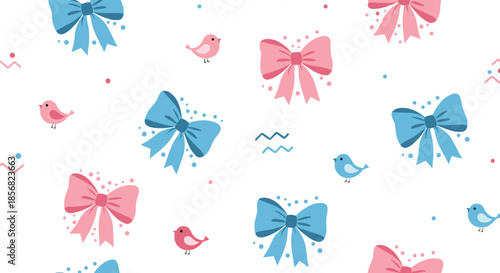 Sweet seamless pattern of dainty pink and blue ribbon bows paired with small colorful songbirds on a plain white background for nursery room decor.