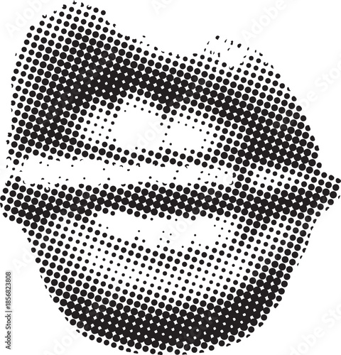 Black and white halftone pop art illustration depicting a close-up of human lips slightly open revealing teeth in a dynamic graphic design style suitable for retro printing or modern edgy visuals.