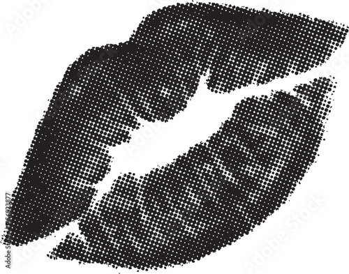 Striking black and white halftone pattern lip print graphic suggesting vintage printmaking or pop art aesthetic perfect for fashion design or romantic themed projects needing bold texture.