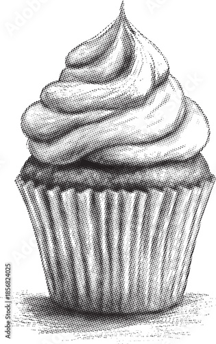 Detailed black and white sketch illustration showcasing a single delicious frosted cupcake centered perfectly within its pleated paper liner against a clean white background emphasizing dessert textur