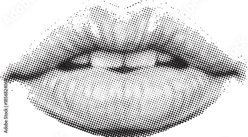 Stylized black and white halftone graphic illustration depicting a close-up view of slightly parted human lips showing the upper row of teeth in a vintage retro design aesthetic perfect for graphic ov