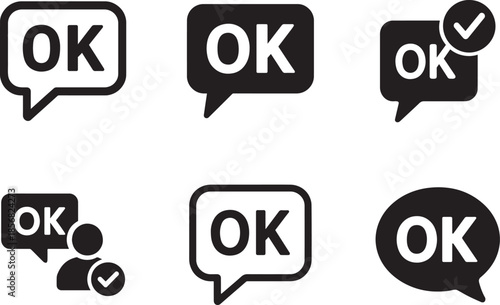  OK text speech bubble icon set, message symbol vector isolated on white, clean UI communication design.