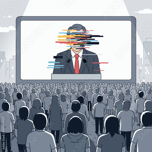 The crowd in the square is looking at a screen with a politician whose face is distorted by a digital glitch. The concept of deepfakes, manipulation of public opinion and fake news.
