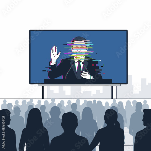 The crowd in the square is looking at a screen with a politician whose face is distorted by a digital glitch. The concept of deepfakes, manipulation of public opinion and fake news.