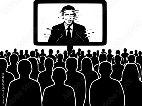 The crowd in the square is looking at a screen with a politician whose face is distorted by a digital glitch. The concept of deepfakes, manipulation of public opinion and fake news.