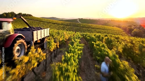 Tractor with grapes in a vineyard at sunset, showcasing the wine harvest process and agricultural landscape.
