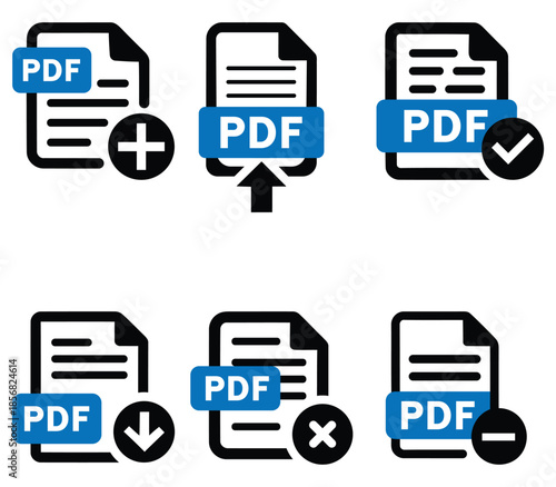 Pdf file management icons set. add, upload, download, remove operations