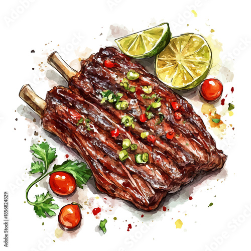 Carne Asada, semi-realistic fantasy look, realistic form with magic elements, watercolor artwork, isolated on white