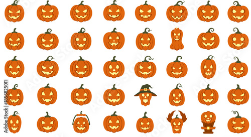 A cheerful collection of cartoon Halloween pumpkins in various animated expressions, ready for spooky celebrations and festive decor