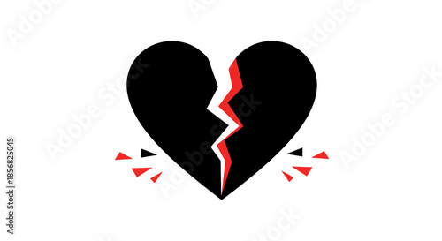 Black broken heart with red cracks, symbol of heartbreak and emotional distress