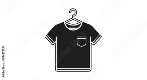 Simple black and white icon of a t-shirt on a hanger, representing clothing and fashion