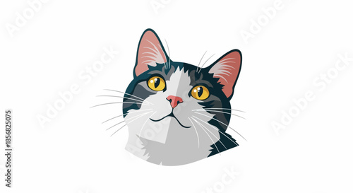 Charming illustration of a curious domestic cat's head with bright yellow eyes and a gentle upward gaze, capturing a friendly and playful feline spirit