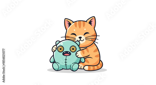 Adorable striped kitten embracing a whimsical teal monster plushie with a joyful expression, symbolizing warmth, comfort, and a sweet, tender bond of companionship and affection