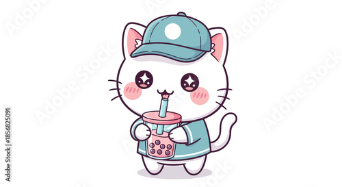 Adorable Kawaii White Cat Character Happily Sipping Bubble Tea with Boba Pearls, Wearing a Stylish Blue Cap and Matching Shirt, Cute Cartoon Illustration