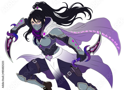 Fantasy female rogue character with enchanted runic blades. Vector isolated