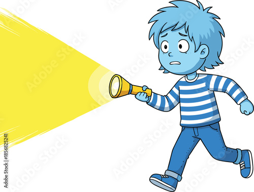 Scared Boy Holding Flashlight in Dark – Cartoon Child Searching Illustration Isolated on Transparent Background Vector