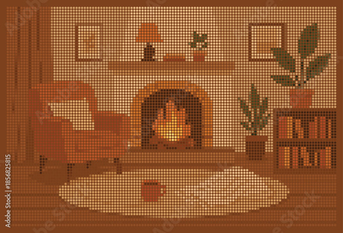 Cozy Vintage Fireplace Living Room Halftone Poster