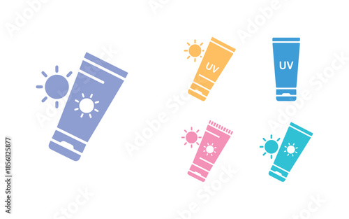 Cheerful sunscreen cream tube icon on a white background. Protects your skin from UV rays from the sun. A colorful icon collection. Vector
