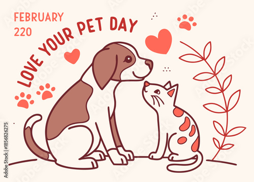 dog and cat sitting together on Love Your Pet Day celebration with hearts and leaves