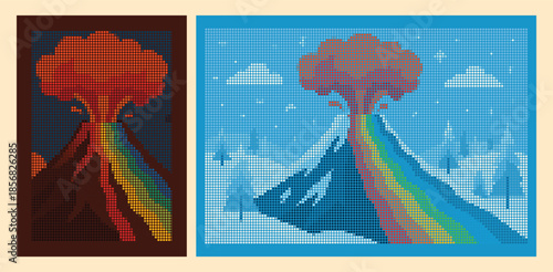 Erupting Volcano with Rainbow Lava Halftone Poster