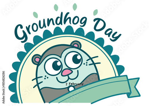 Cute cartoon groundhog face with green ribbon and text on white background