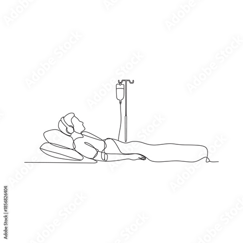 Line drawing of a patient lying in bed with an iv drip