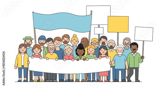 Diverse Group of People Protesting for Rights with Banners and Signs