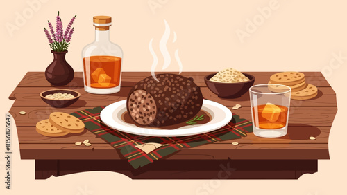 Haggis with whisky and oatcakes on a wooden table