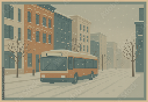 Snowy Winter City Street with Bus Halftone Poster Art