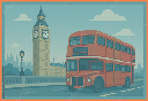 Classic London Big Ben and Red Bus Halftone Poster