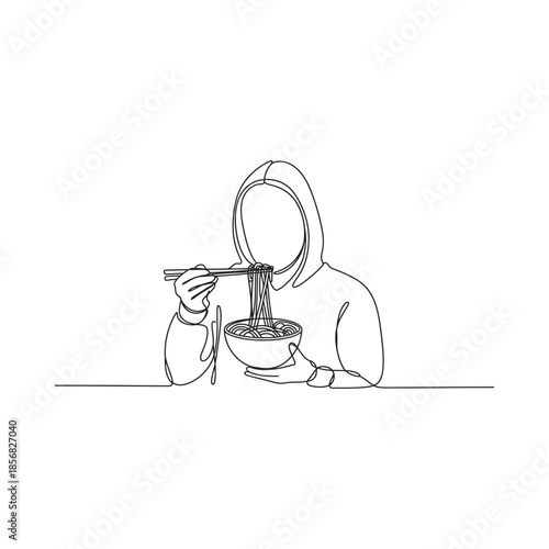 A minimalist line drawing of a hooded woman enjoying a bowl of noodles