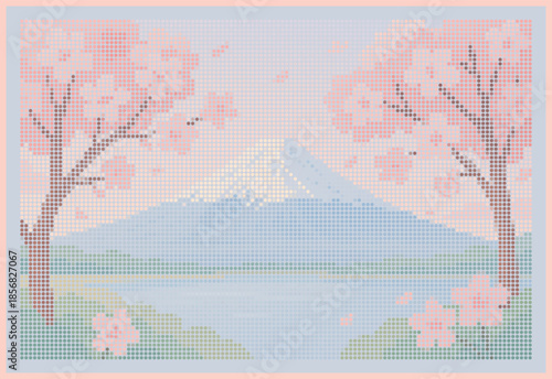 Mountain Peak and Cherry Blossoms Halftone Poster Art