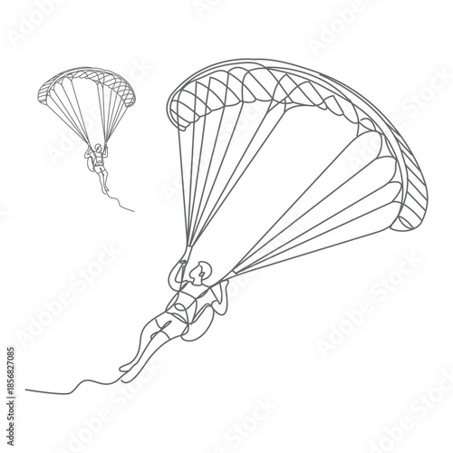 One line vector illustration. Skydiver in the sky. Minimalism. Paratrooper on a parachute.  Extreme sport people theme. Vector illustration sketch, hand drawn minimalism.
