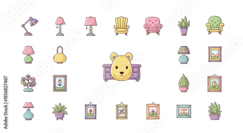 Collection of illustrated furniture and decorative items for design projects