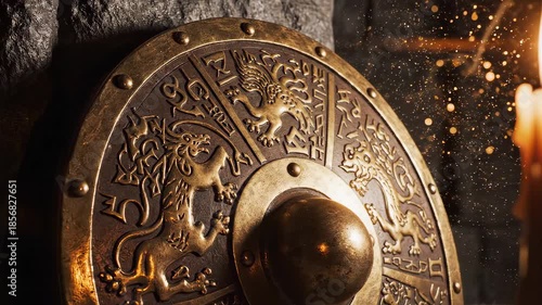 Shield with detailed designs placed near a candle on a rocky surface in a dim space, showcasing the texture and craftsmanship of the metalwork