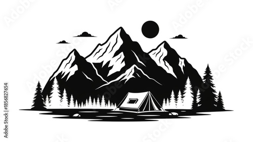 Black and white illustration of a serene mountain landscape with a tent, trees, and a full moon shining brightly in the night sky
