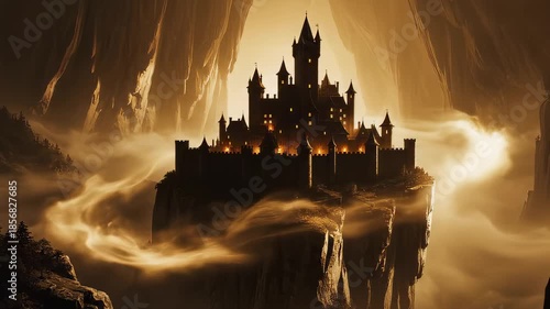 Mysterious castle stands on rock in foggy valley with glowing lights at dusk in a fantasy landscape