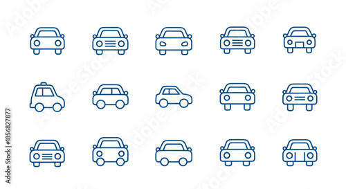 Collection of minimalist car icons in blue outlines for design elements