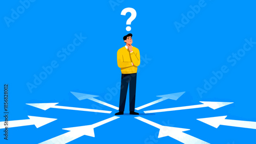 Man with question mark and arrows