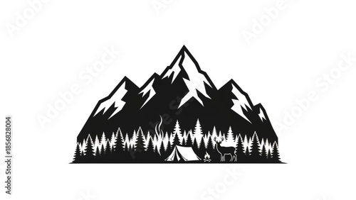 Black and white mountain landscape with tent and trees
