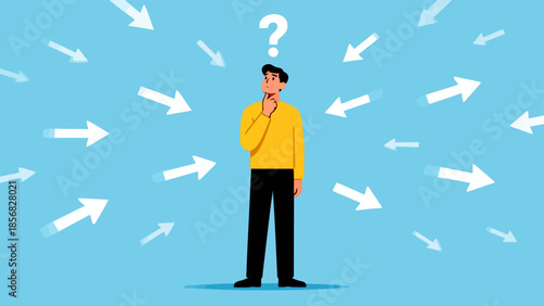 Man with question mark surrounded by arrows